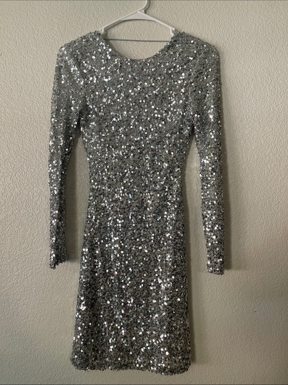 Silver Sequin Long-Sleeve Cocktail Dress